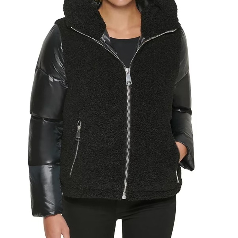 Calvin Klein hooded mixed-media puffer coat (black)